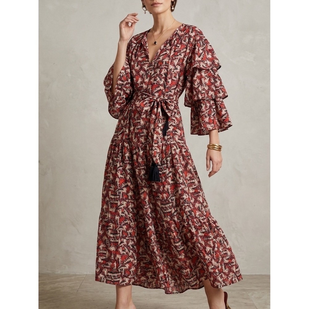Happy X Nature Maxi Dress Womens M Red Butterfly Ruffle Sleeve Boho Tassel Tie
